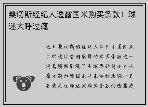 桑切斯经纪人透露国米购买条款！球迷大呼过瘾
