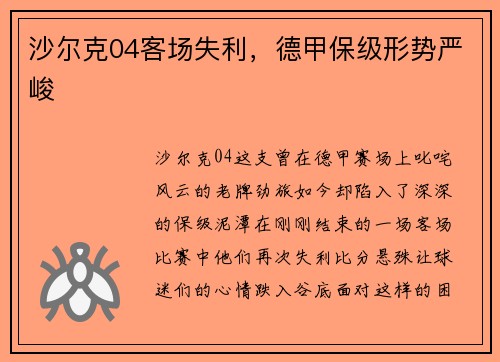 沙尔克04客场失利，德甲保级形势严峻