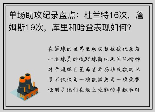 单场助攻纪录盘点：杜兰特16次，詹姆斯19次，库里和哈登表现如何？