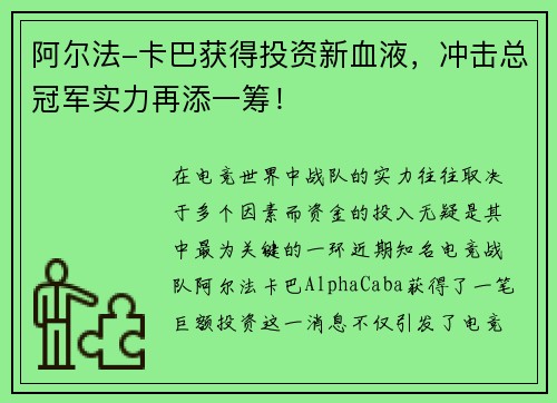 阿尔法-卡巴获得投资新血液，冲击总冠军实力再添一筹！