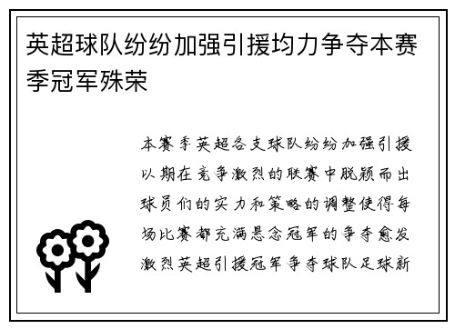 英超球队纷纷加强引援均力争夺本赛季冠军殊荣