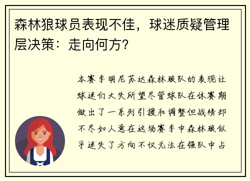 森林狼球员表现不佳，球迷质疑管理层决策：走向何方？