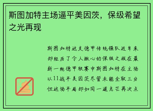斯图加特主场逼平美因茨，保级希望之光再现