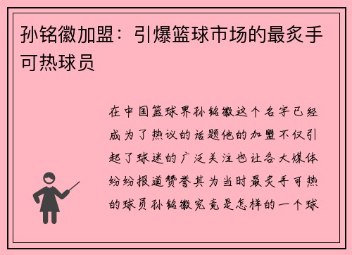 孙铭徽加盟：引爆篮球市场的最炙手可热球员