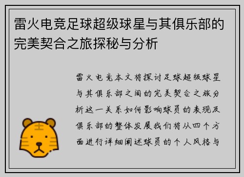 雷火电竞足球超级球星与其俱乐部的完美契合之旅探秘与分析
