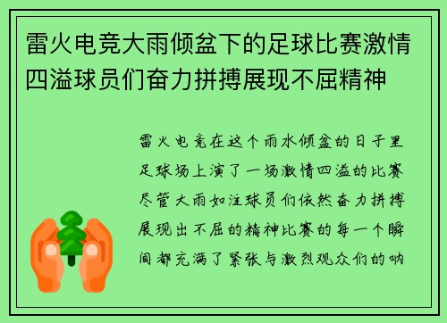 雷火电竞大雨倾盆下的足球比赛激情四溢球员们奋力拼搏展现不屈精神
