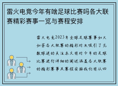 雷火电竞今年有啥足球比赛吗各大联赛精彩赛事一览与赛程安排