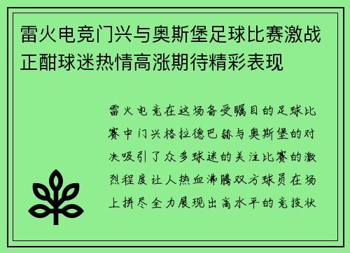 雷火电竞门兴与奥斯堡足球比赛激战正酣球迷热情高涨期待精彩表现