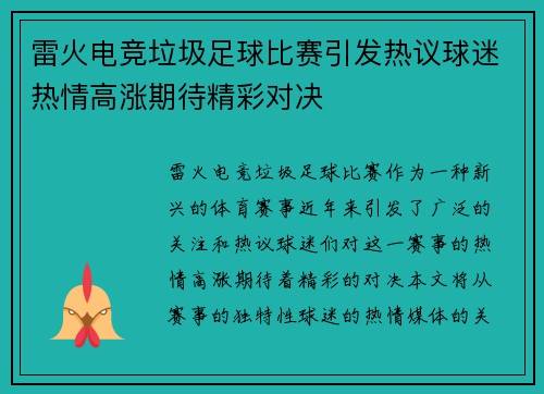 雷火电竞垃圾足球比赛引发热议球迷热情高涨期待精彩对决