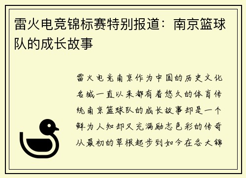 雷火电竞锦标赛特别报道：南京篮球队的成长故事