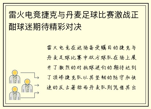 雷火电竞捷克与丹麦足球比赛激战正酣球迷期待精彩对决