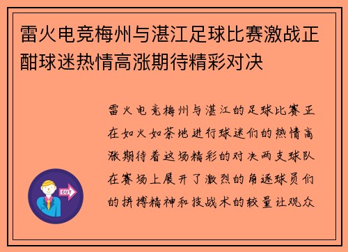 雷火电竞梅州与湛江足球比赛激战正酣球迷热情高涨期待精彩对决