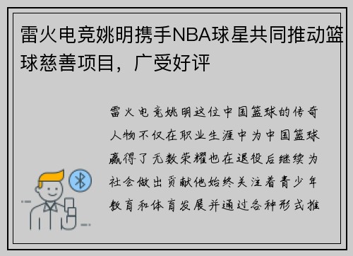雷火电竞姚明携手NBA球星共同推动篮球慈善项目，广受好评