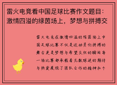 雷火电竞看中国足球比赛作文题目：激情四溢的绿茵场上，梦想与拼搏交织的瞬间