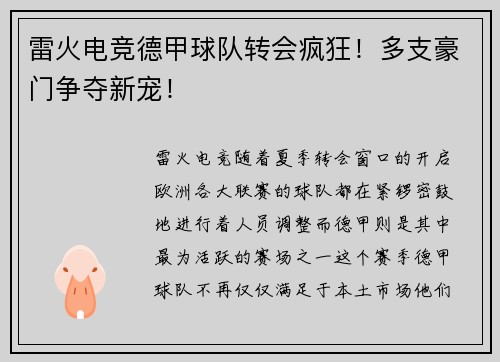 雷火电竞德甲球队转会疯狂！多支豪门争夺新宠！