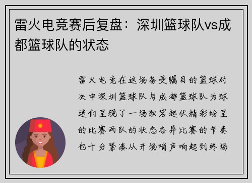 雷火电竞赛后复盘：深圳篮球队vs成都篮球队的状态