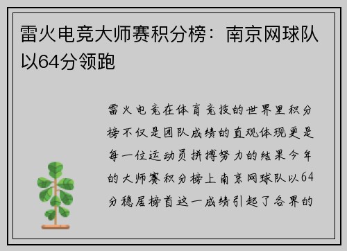 雷火电竞大师赛积分榜：南京网球队以64分领跑