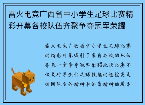 雷火电竞广西省中小学生足球比赛精彩开幕各校队伍齐聚争夺冠军荣耀